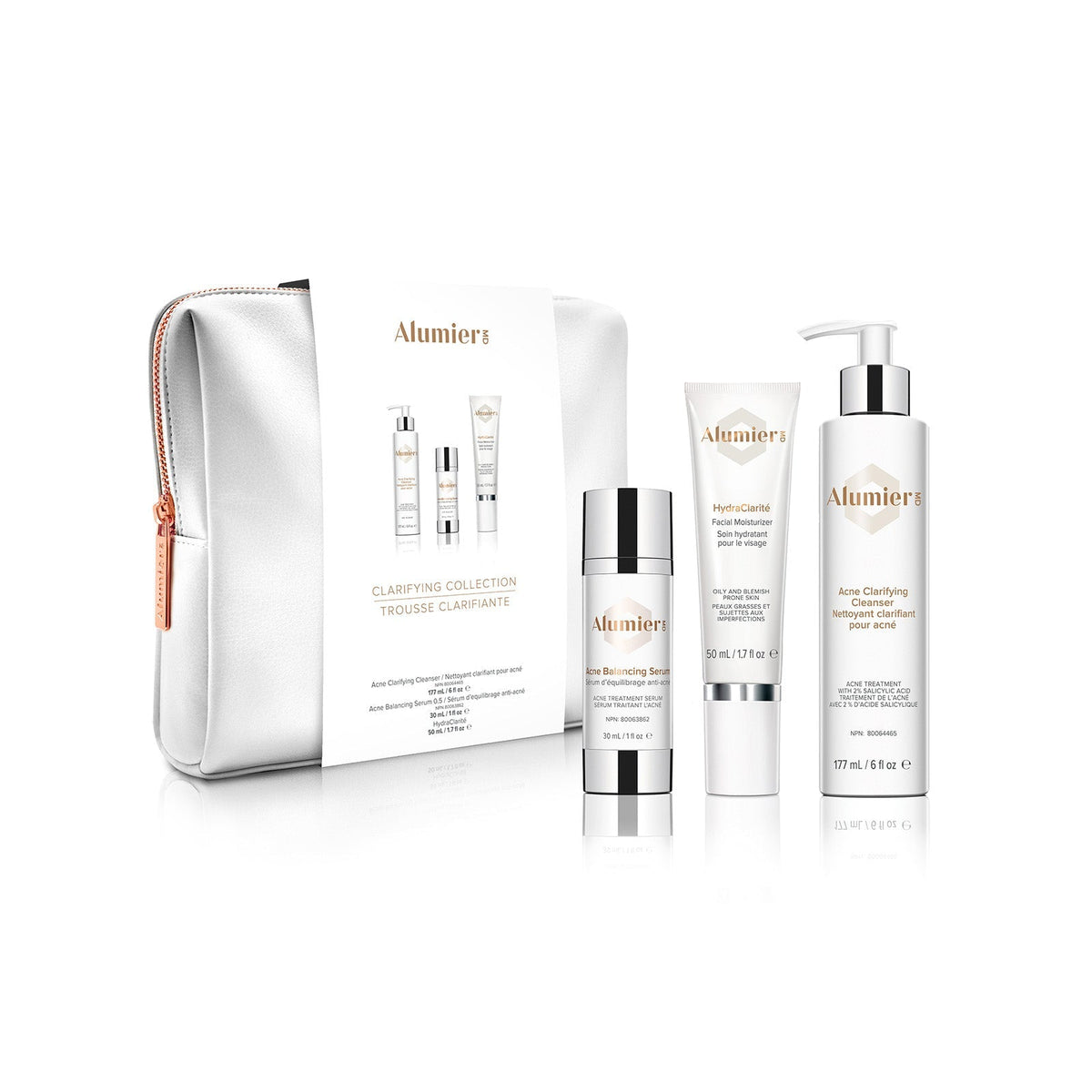 Alumier Clarifying Collection kit with labeled bottles and tubes for acne prone normal to oily skin targeting oil control and congestion