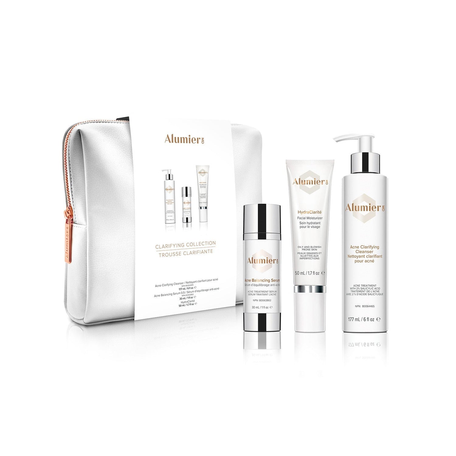 Alumier Clarifying Collection kit with labeled bottles and tubes for acne prone normal to oily skin targeting oil control and congestion