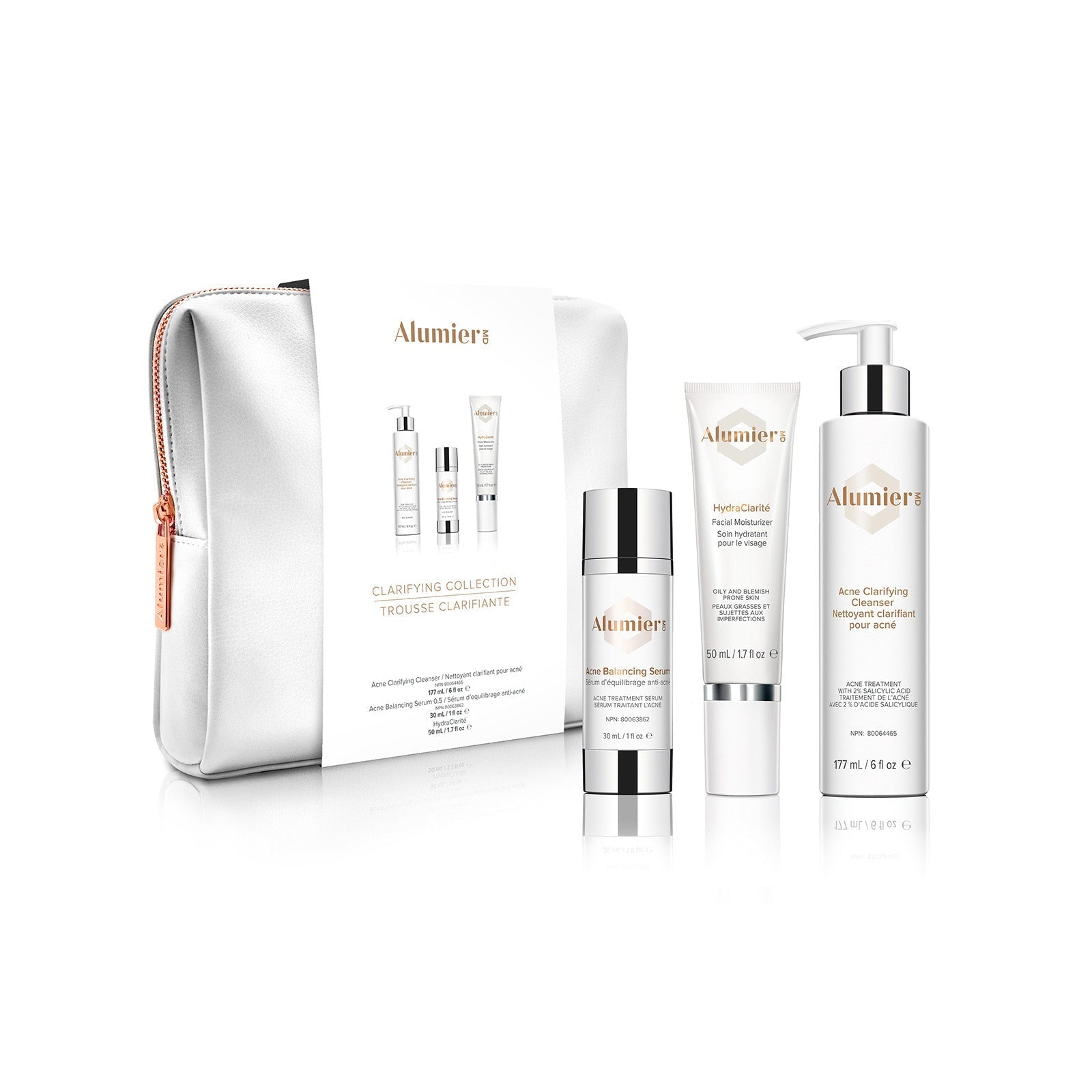 Alumier Clarifying Collection kit with labeled bottles and tubes for acne prone normal to oily skin targeting oil control and congestion