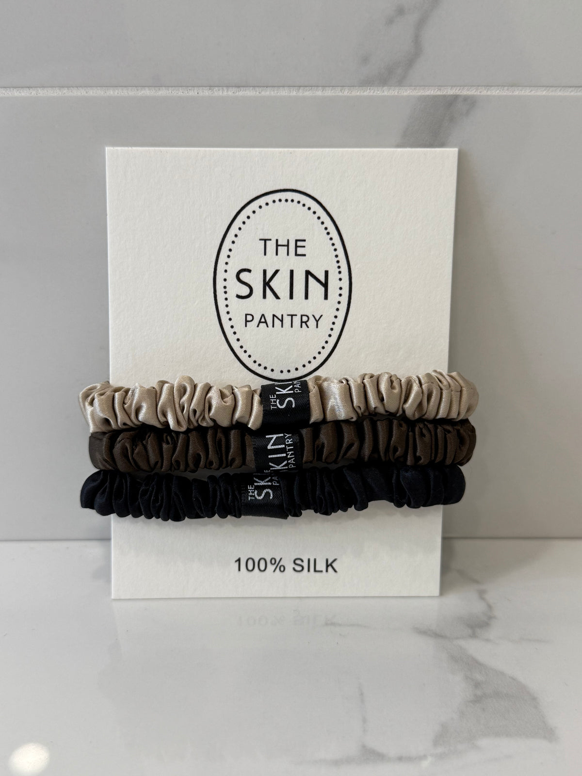 The Skin Pantry silk scrunchie set 3 1cm ultra-thin 22-momme silk bands in Black Chocolate Beige