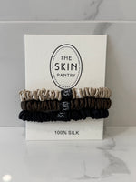 The Skin Pantry silk scrunchie set 3 1cm ultra-thin 22-momme silk bands in Black Chocolate Beige