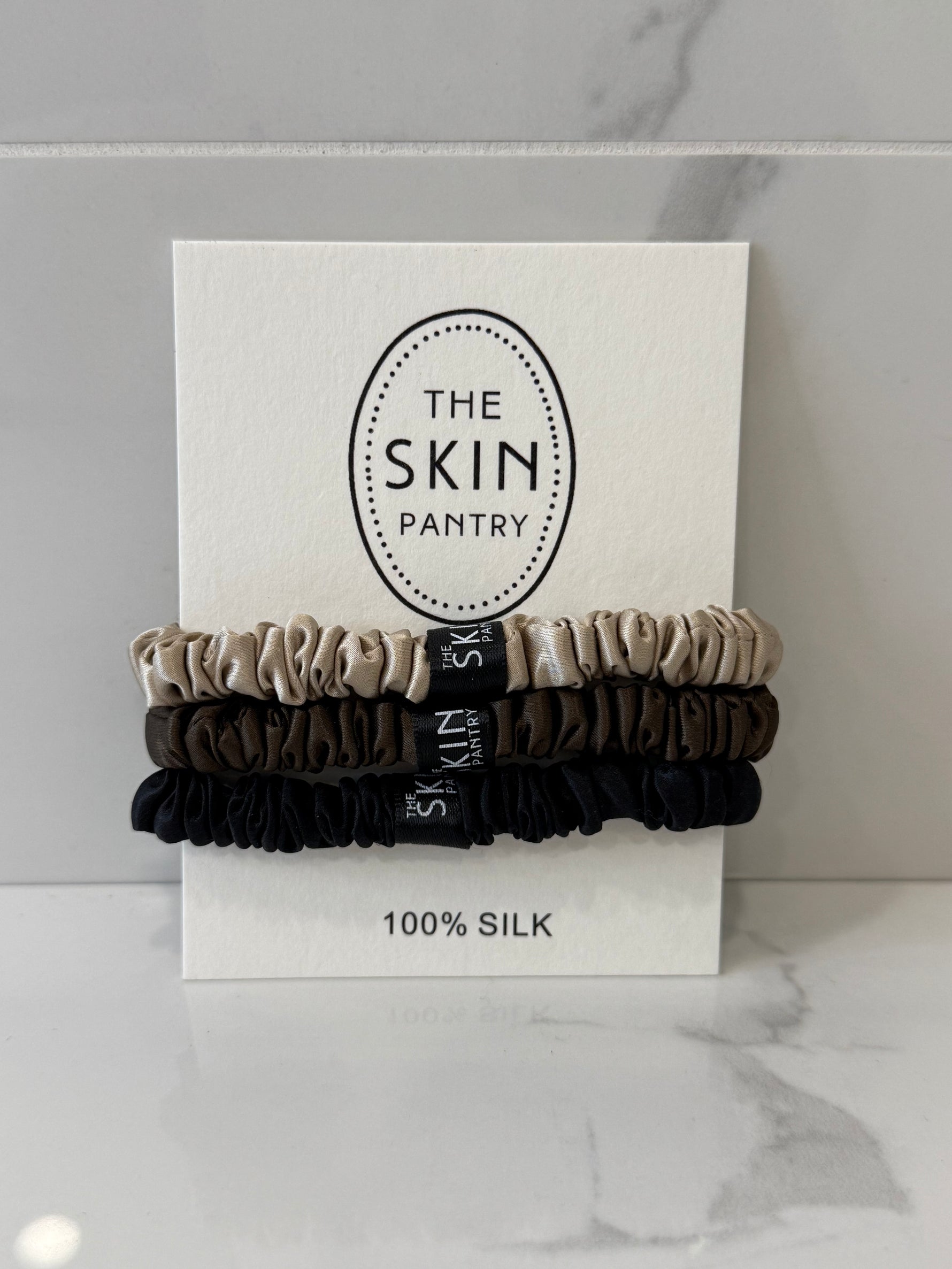 The Skin Pantry silk scrunchie set 3 1cm ultra-thin 22-momme silk bands in Black Chocolate Beige