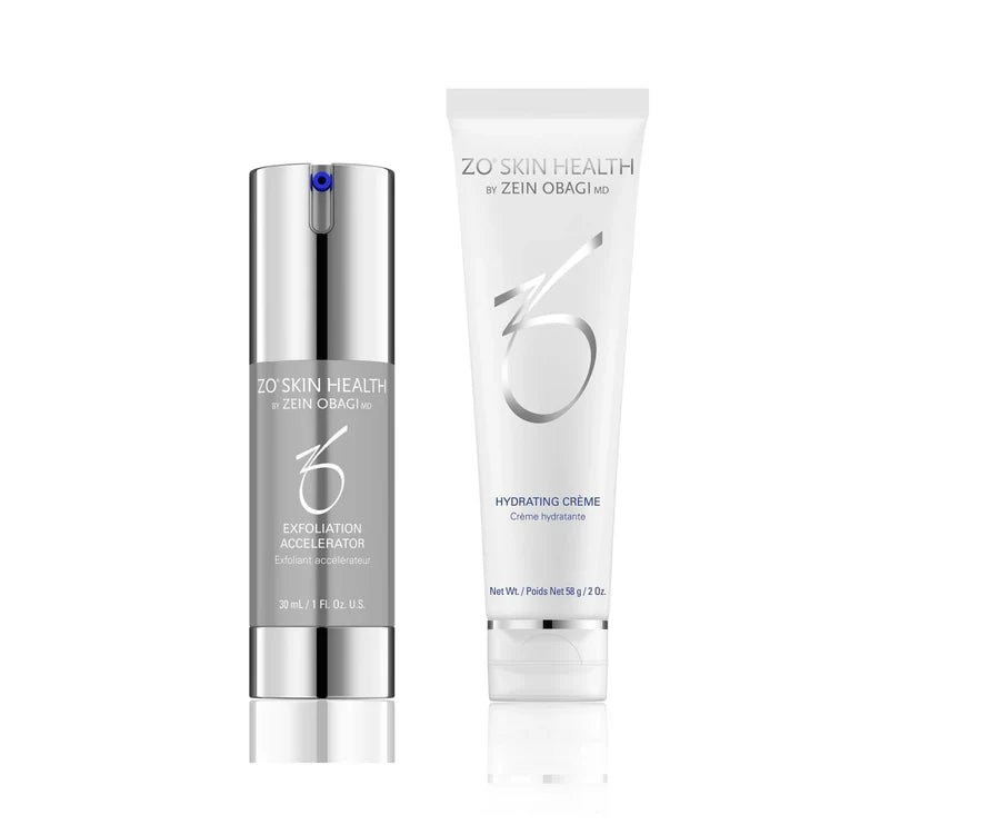 ZO Renew + Replenish Duo with Hydrating Crème jar and Exfoliation Accelerator bottle on white background