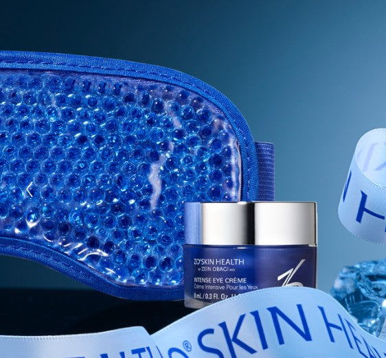 ZO Intense Eye Crème tube with single-use cooling eye mask kit for depuffing brightening and anti-aging under-eye care
