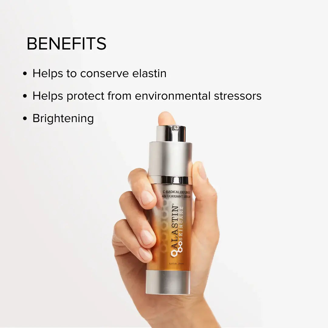 Alastin C-RADICAL Defense Antioxidant Serum benefits for elastin conservation and environmental protection.