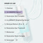 Order of use for skincare products, featuring Alastin HA IMMERSE Serum as the second step.