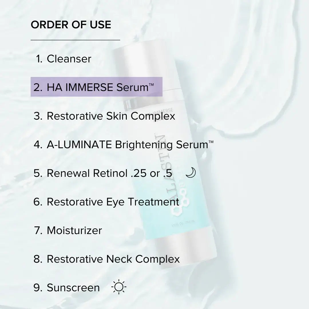 Order of use for skincare products, featuring Alastin HA IMMERSE Serum as the second step.