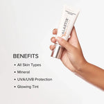 Alastin HydraTint Pro Mineral Broad Spectrum Sunscreen SPF 36 with hand showing benefits including UVA/UVB protection.
