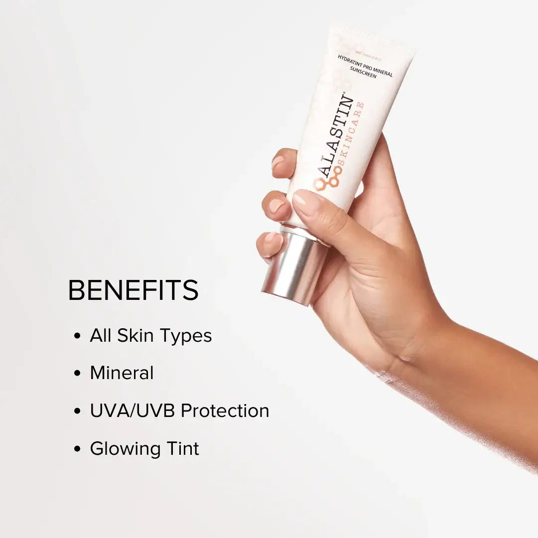 Alastin HydraTint Pro Mineral Broad Spectrum Sunscreen SPF 36 with hand showing benefits including UVA/UVB protection.