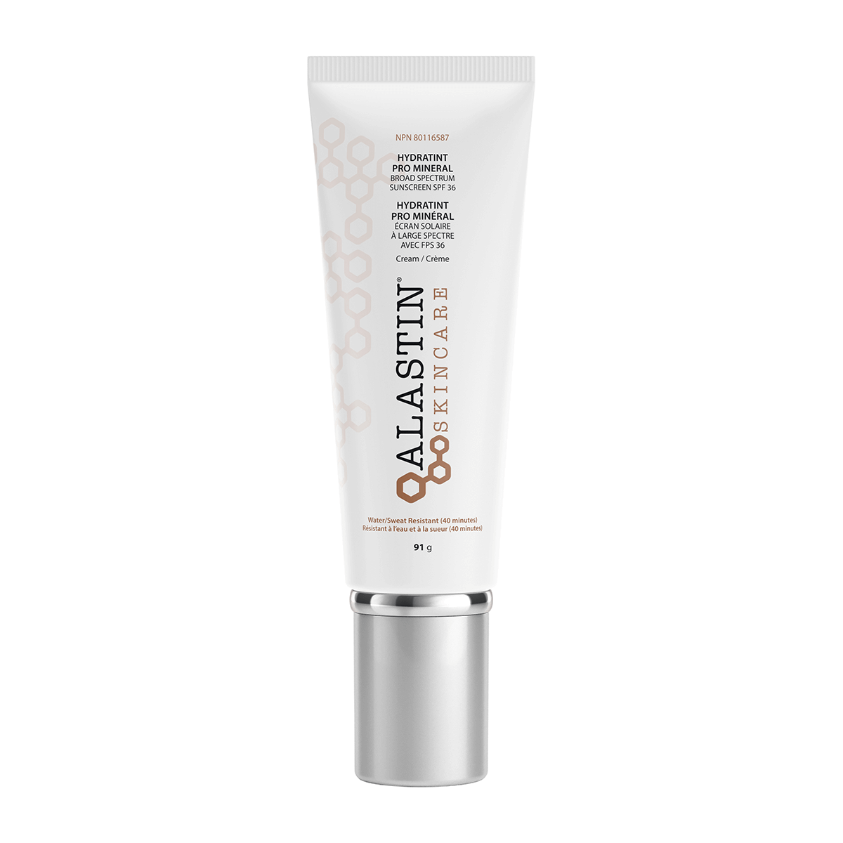Alastin HydraTint Pro Mineral SPF 36 tinted sunscreen tube with visible product name and SPF labeling