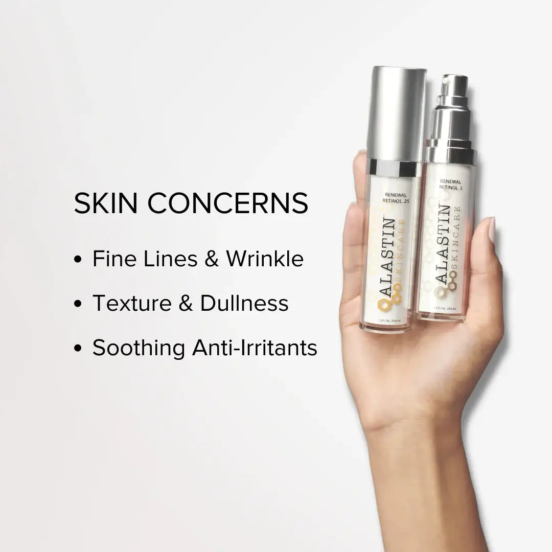 Alastin Renewal Retinol 0.25 bottles highlighting skin concerns: fine lines, texture, and soothing anti-irritants.