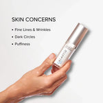 Alastin Restorative Eye Complex in a hand highlighting skin concerns like fine lines, dark circles, and puffiness.