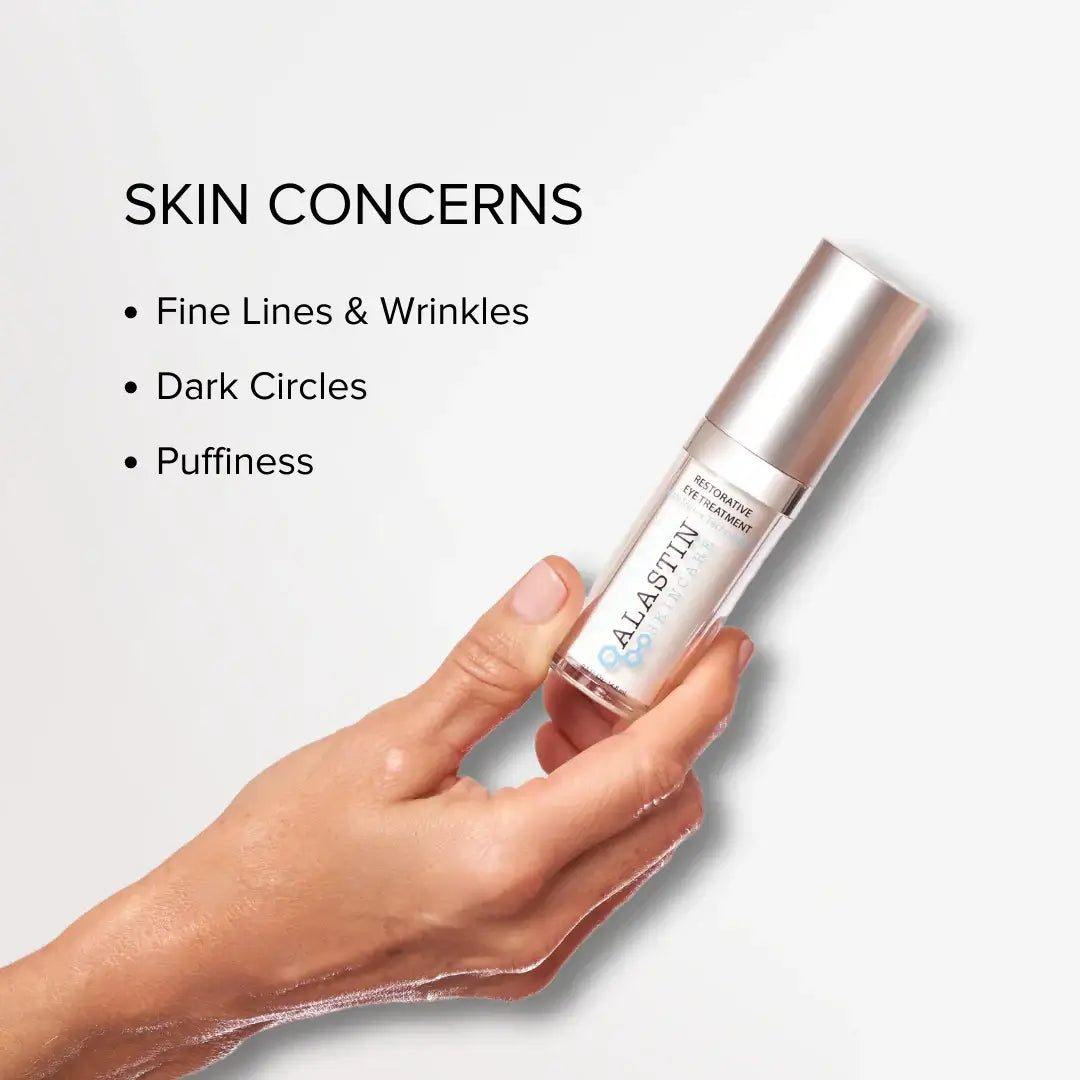 Alastin Restorative Eye Complex in a hand highlighting skin concerns like fine lines, dark circles, and puffiness.