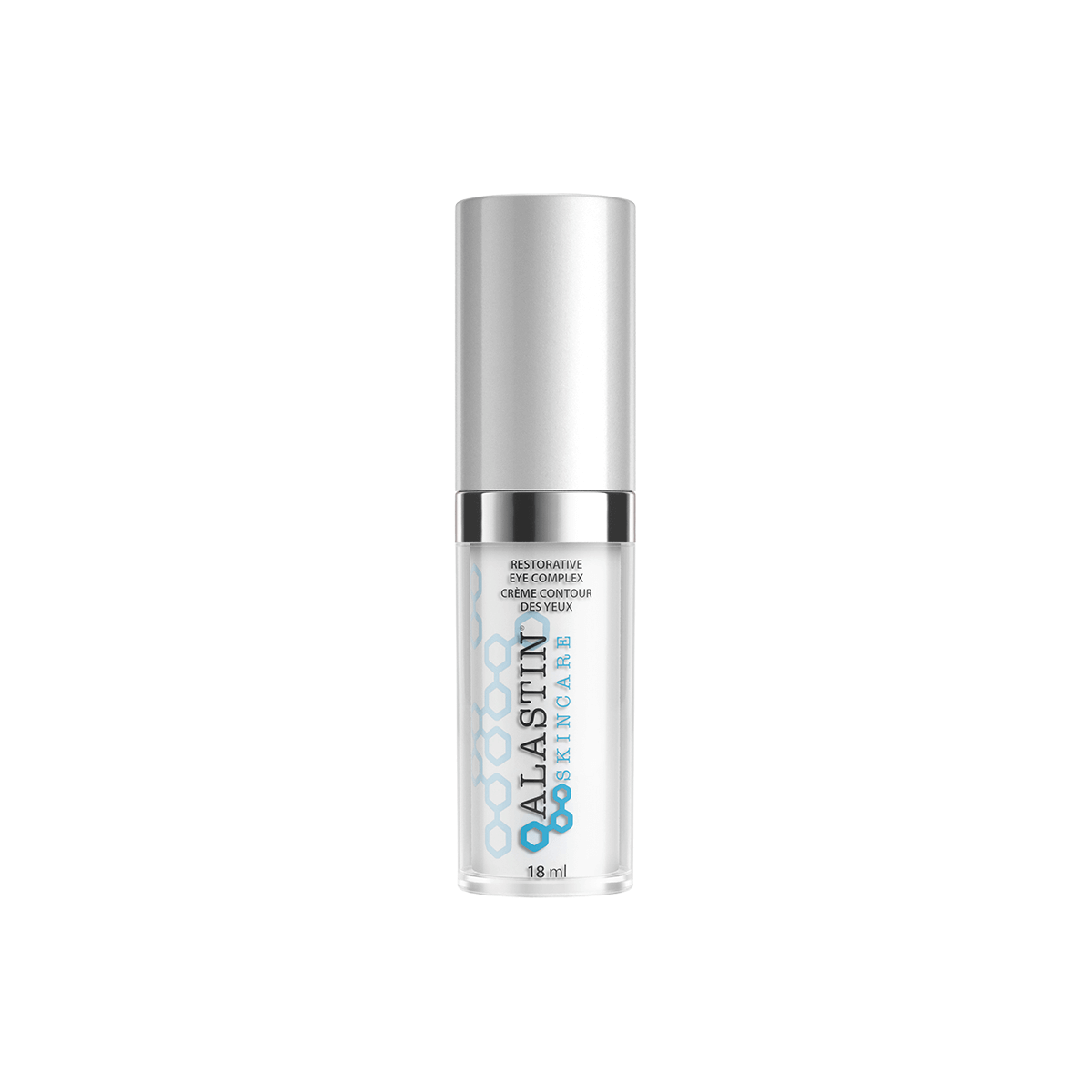 Alastin Restorative Eye Complex tube labeled Restorative Eye Complex with silver cap and clinical-style packaging