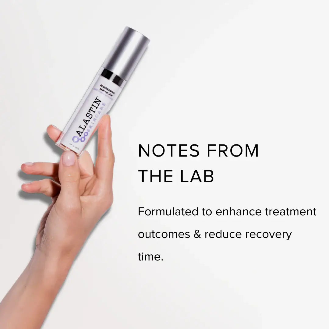 Alastin Skin Nectar Face Serum in hand, designed to enhance treatment outcomes and reduce recovery time.