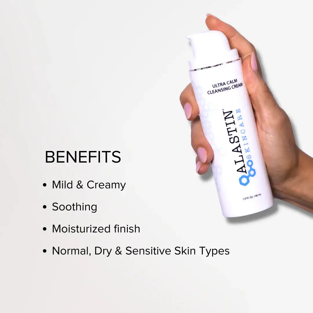 Alastin Ultra Calm Cleansing Cream benefits, mild and creamy texture, soothing for normal, dry, and sensitive skin types.