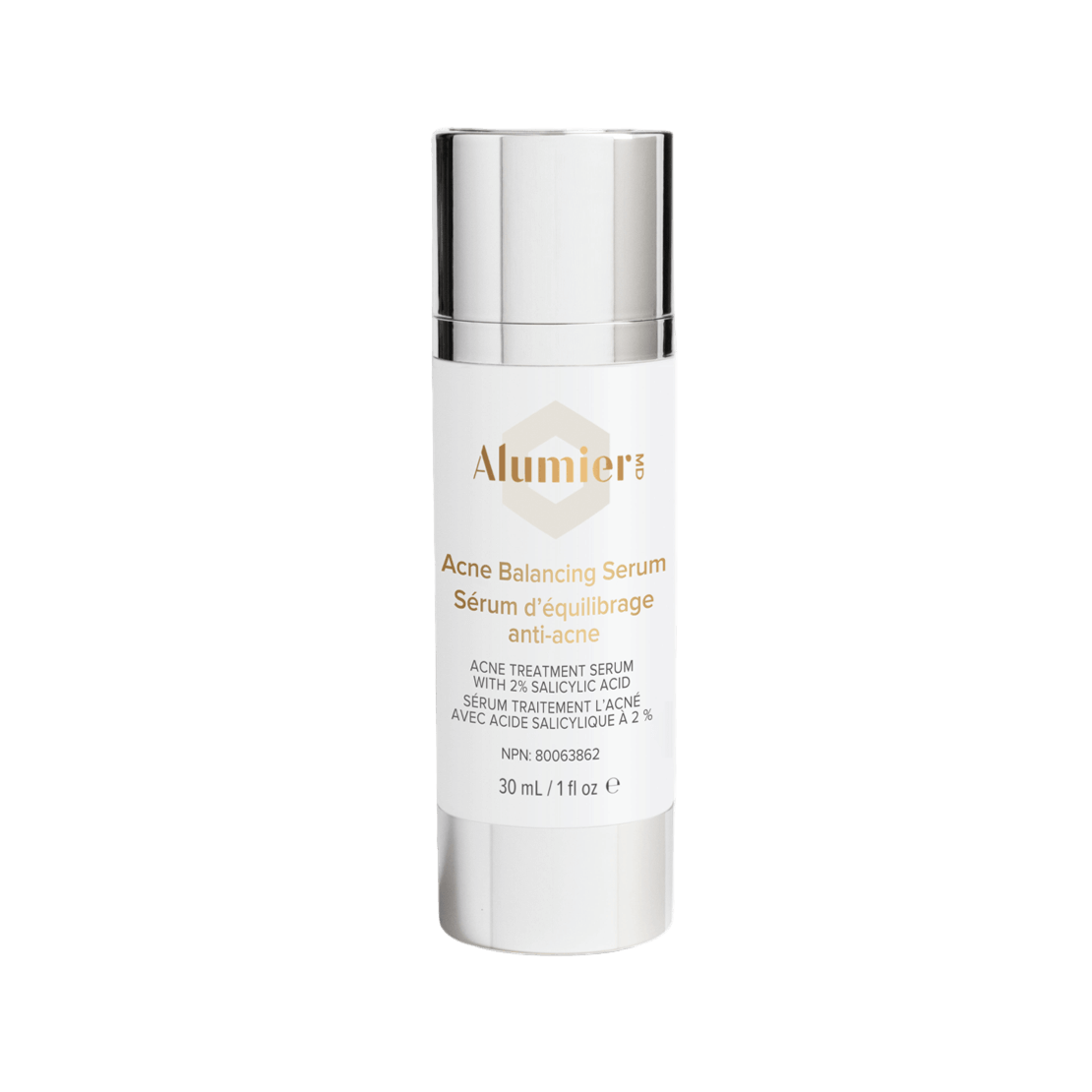 Alumier Acne Balancing Serum bottle with dropper and clinical label highlighting salicylic acid and peptides