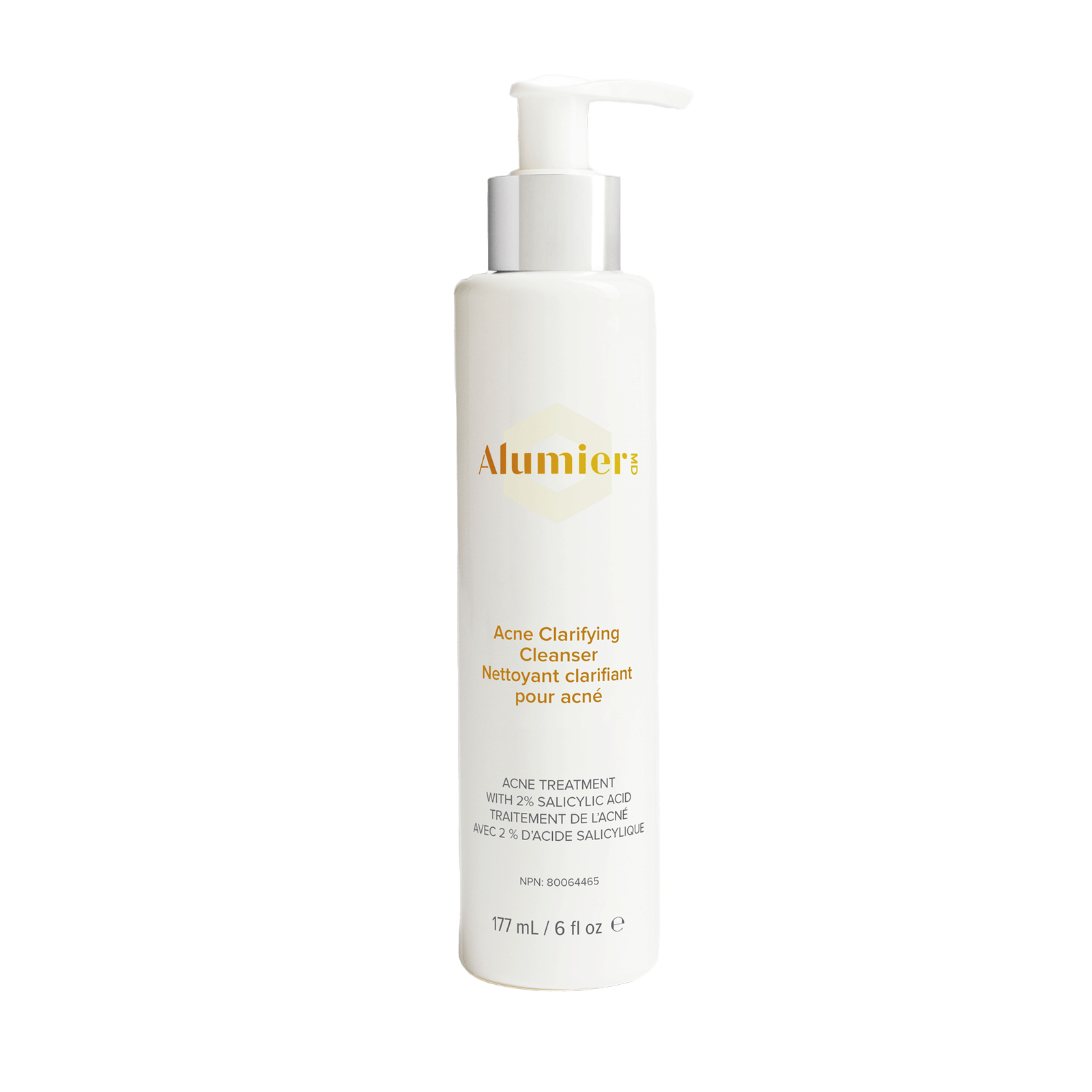 Alumier Acne Clarifying Cleanser clear gel bottle with pump labeled for oily acne prone skin
