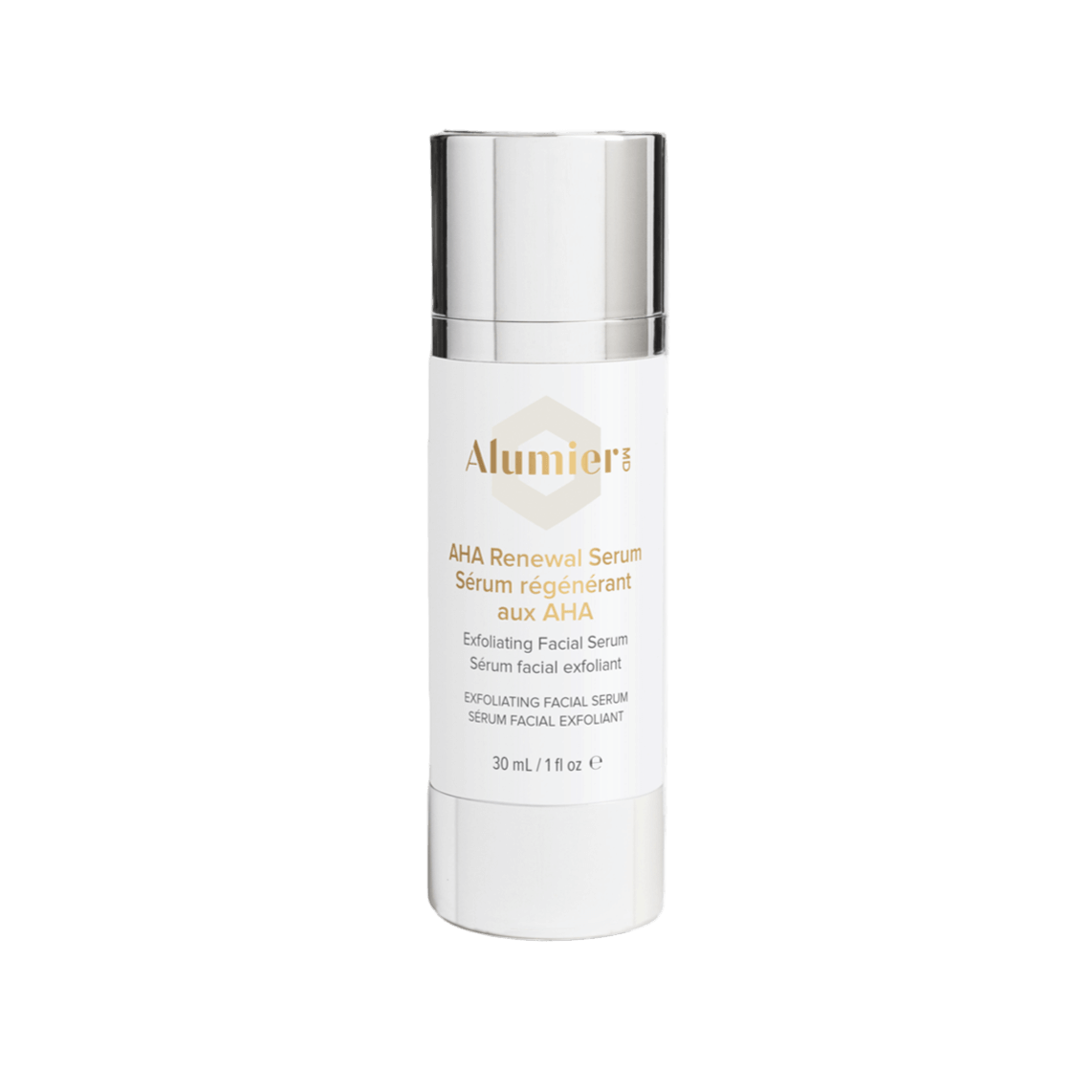 Alumier AHA Renewal Serum bottle with dropper labeled AHA resurfacing serum clinical packaging
