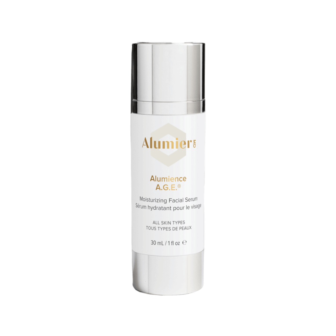 Alumier Alumience A.G.E. antioxidant serum bottle with dropper labeled for brightening and antiaging