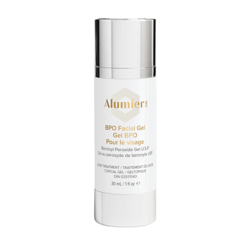 Alumier BPO Facial Gel tube labeled benzoyl peroxide acne treatment for active breakouts