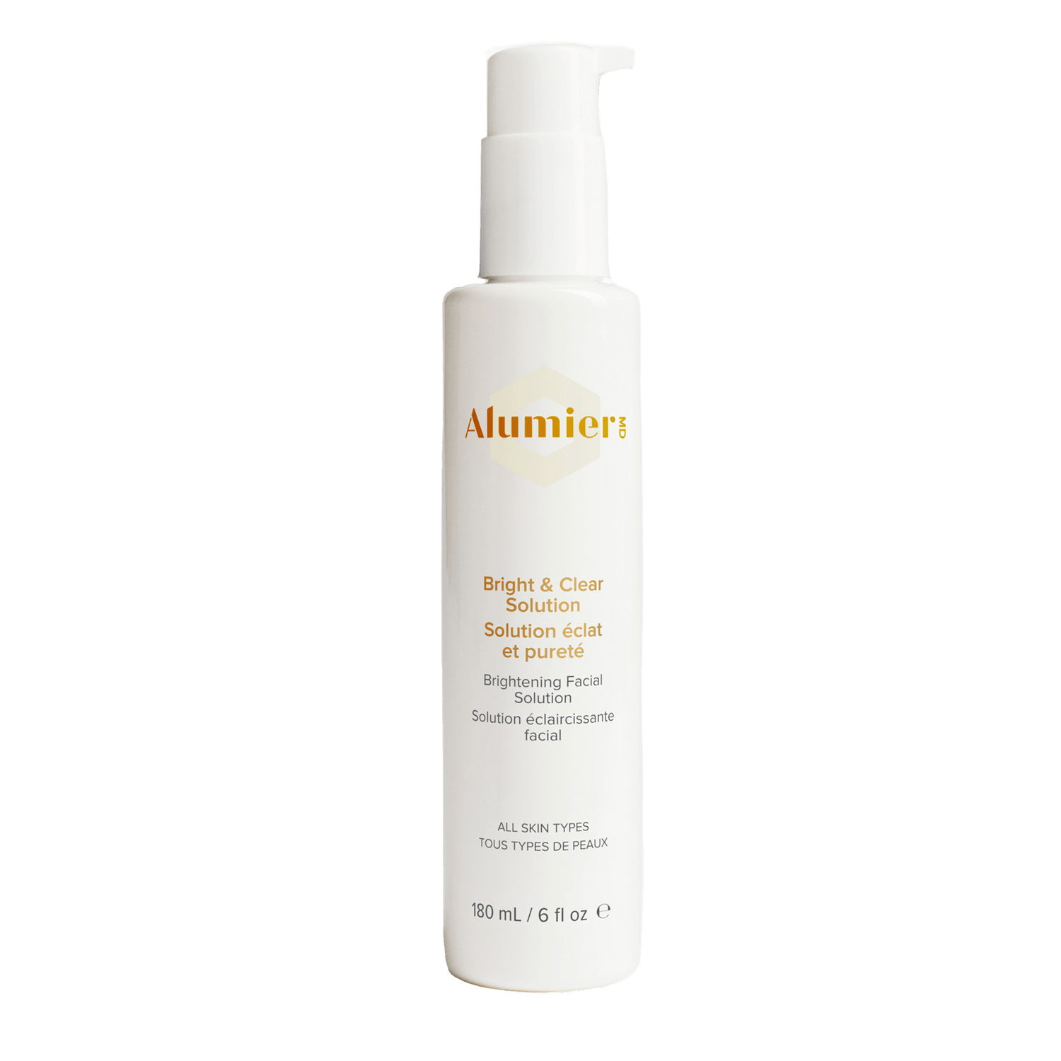 Alumier Bright & Clear toner bottle labeled exfoliating brightening formula for combination to oily acne-prone skin