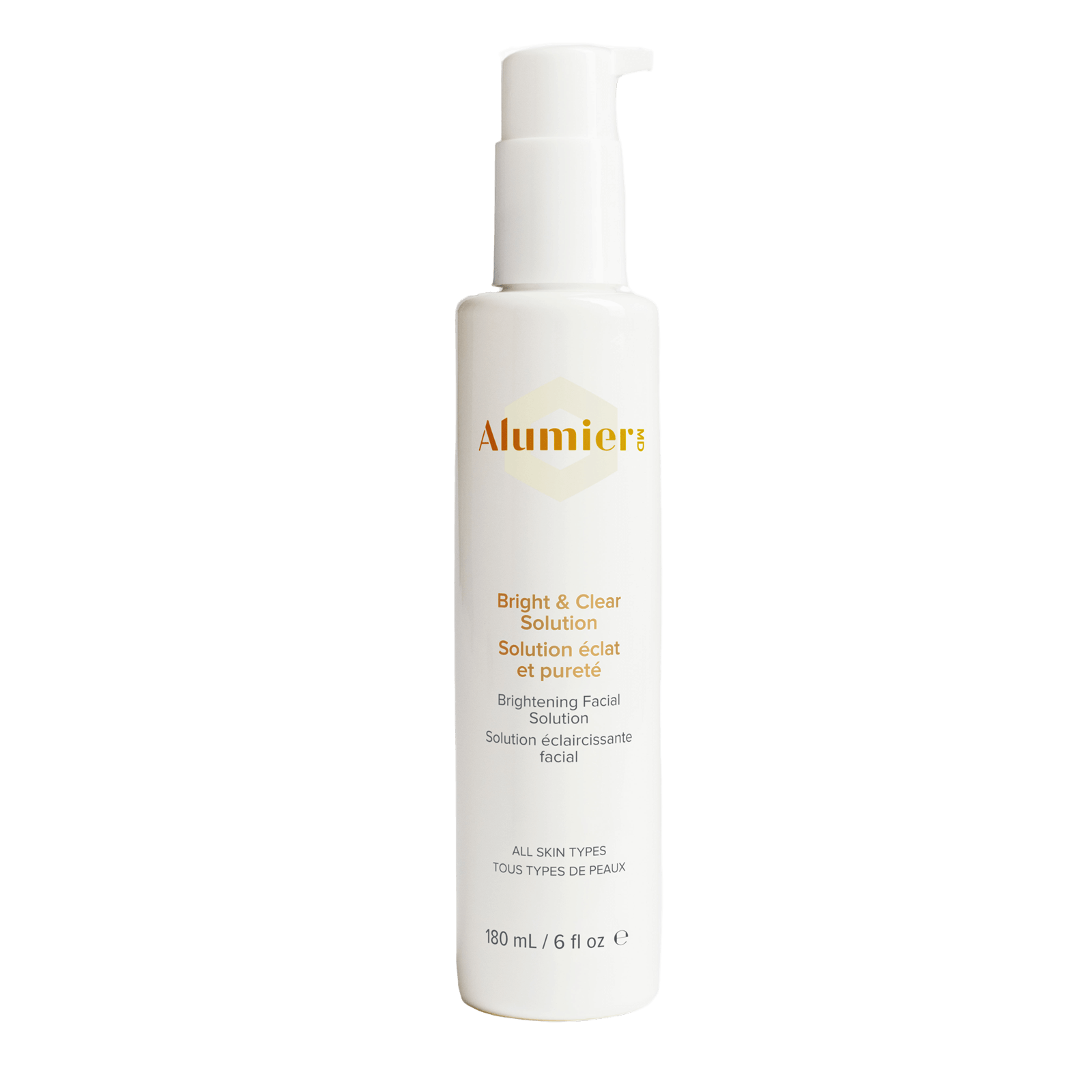 Alumier Bright & Clear toner bottle labeled exfoliating brightening formula for combination to oily acne-prone skin
