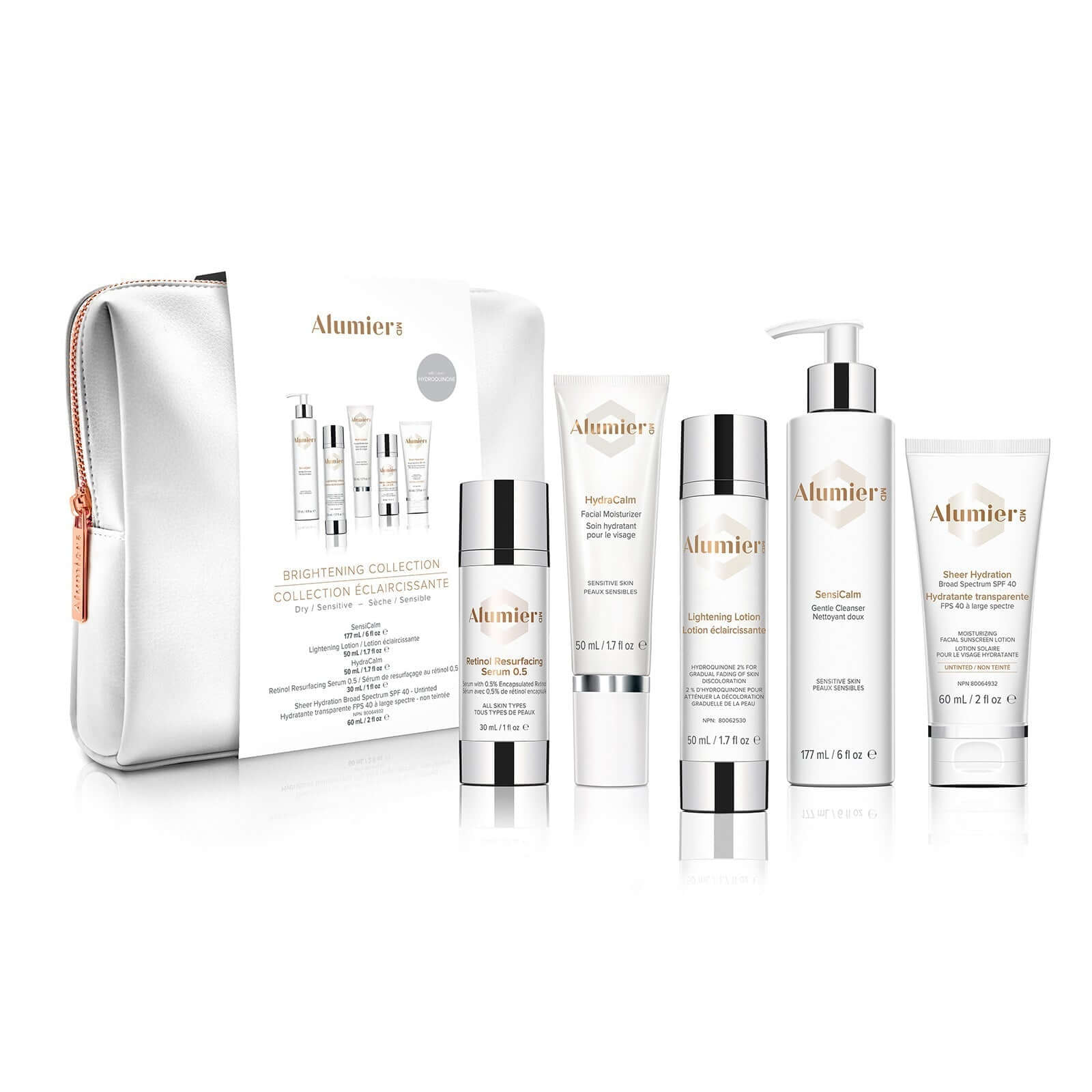 Alumier Brightening Collection Dry/Sensitive kit with hydroquinone labeled bottles and clinical treatment serums