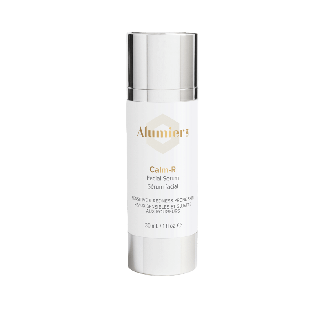 Alumier Calm-R lightweight serum bottle with dropper labeled for redness relief and sensitive skin