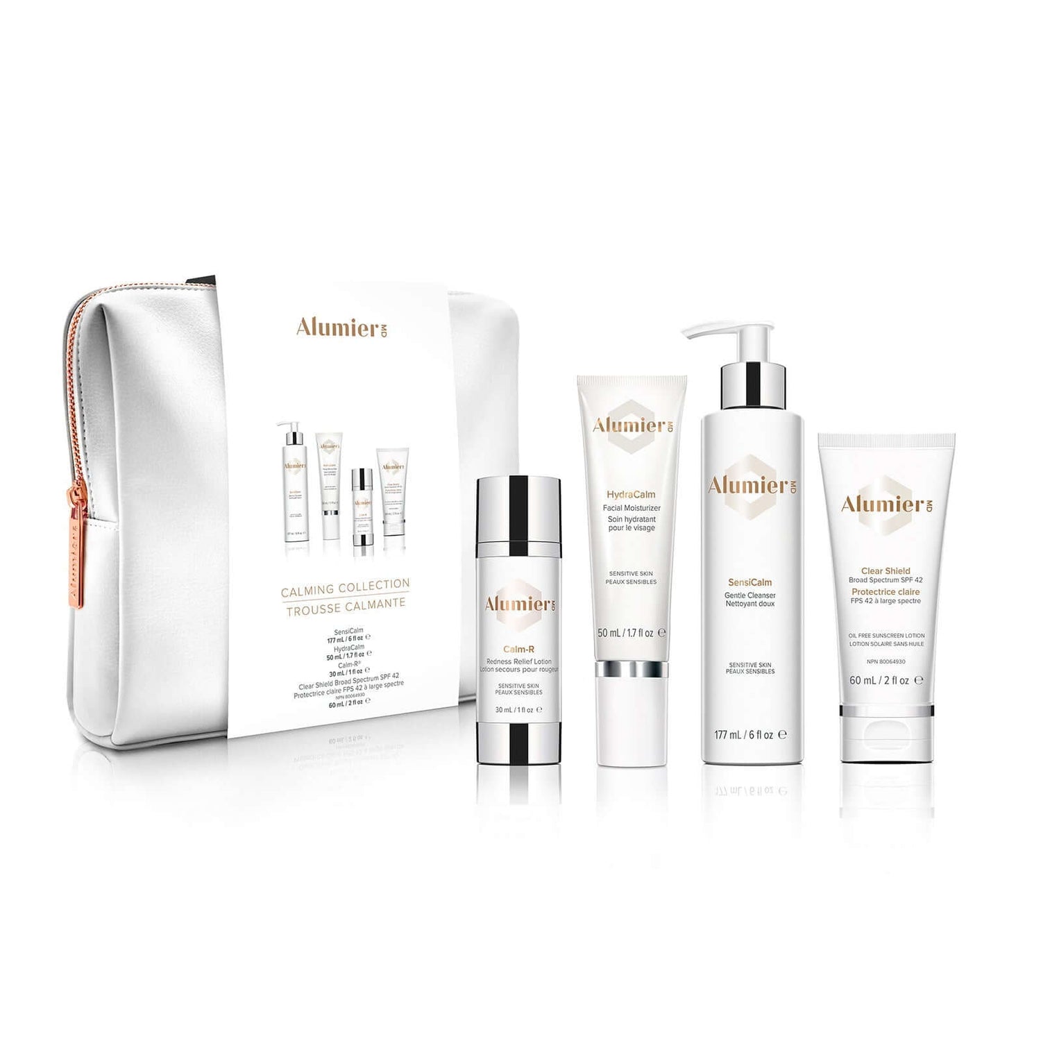 Alumier Calming Collection kit showing multiple labelled bottles and tubes for redness repair and barrier support