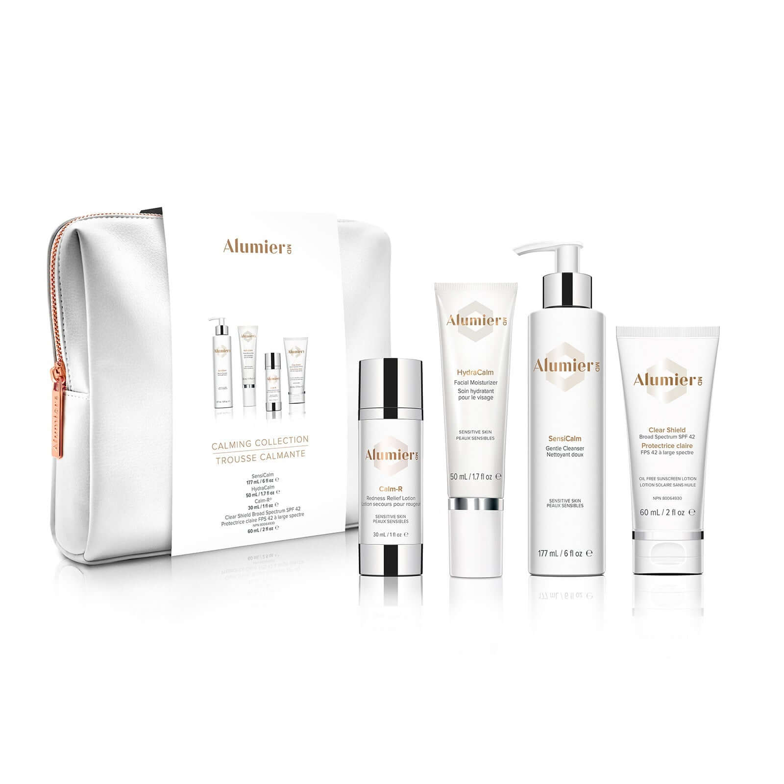 Alumier Calming Collection kit showing multiple labelled bottles and tubes for redness repair and barrier support