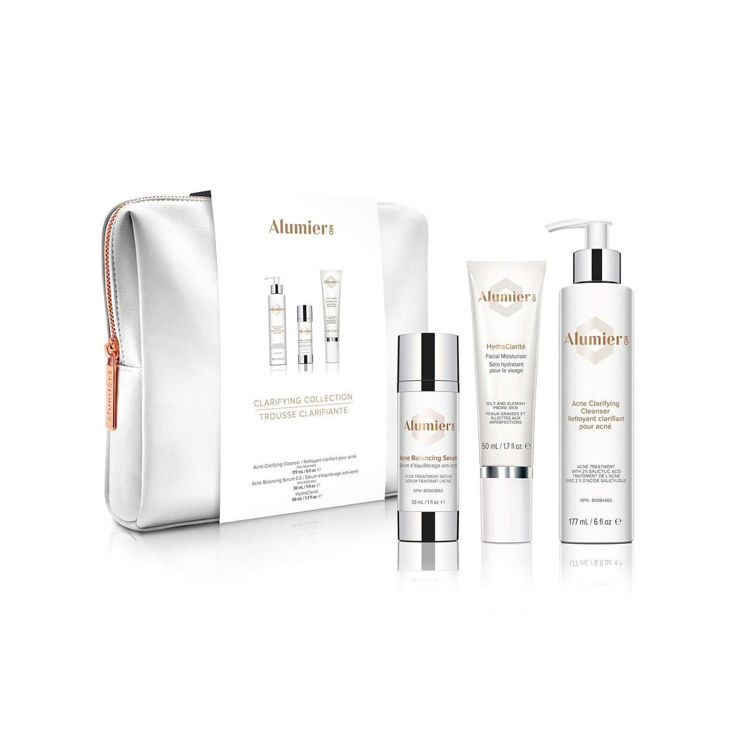 Alumier Clarifying Collection kit with labeled bottles and tubes for acne prone normal to oily skin targeting oil control and congestion