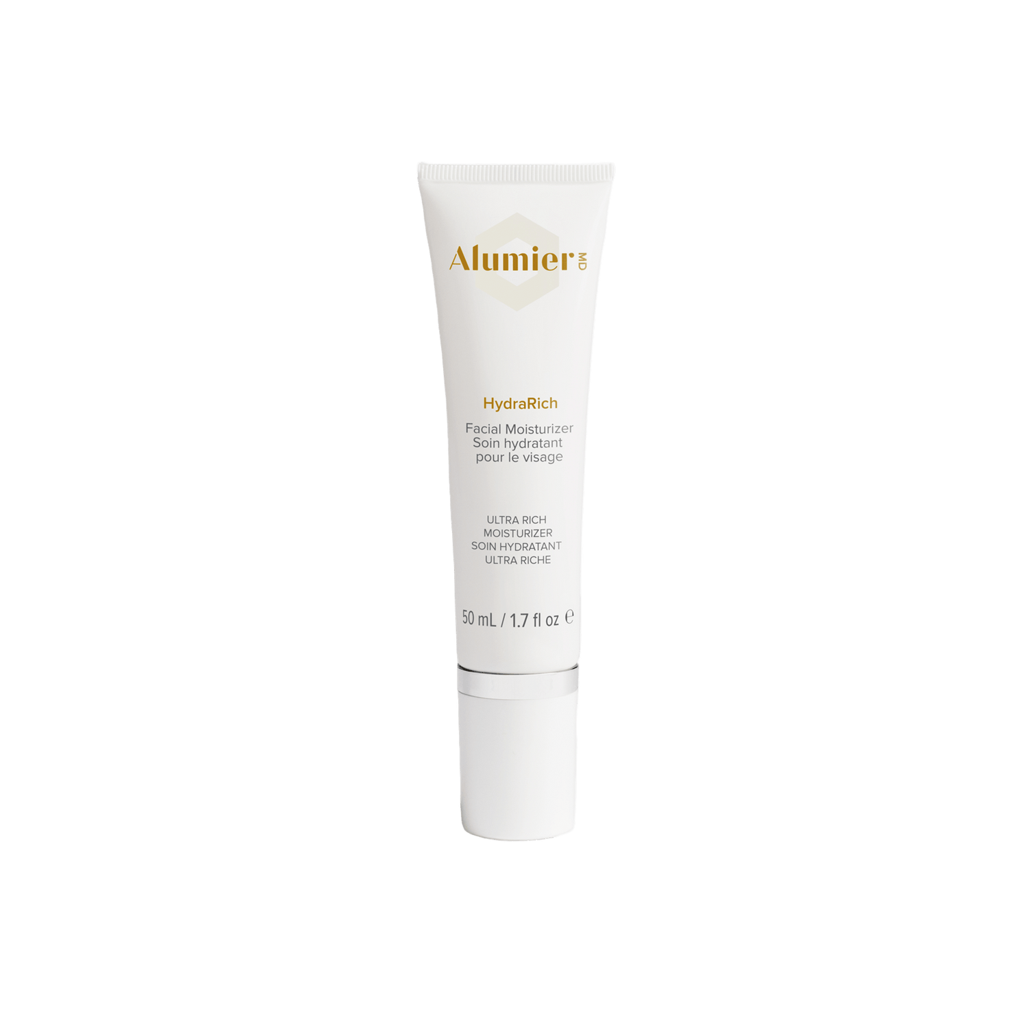 Alumier HydraRich jar with thick cream texture labeled ultra-rich moisturizer for dry sensitive skin