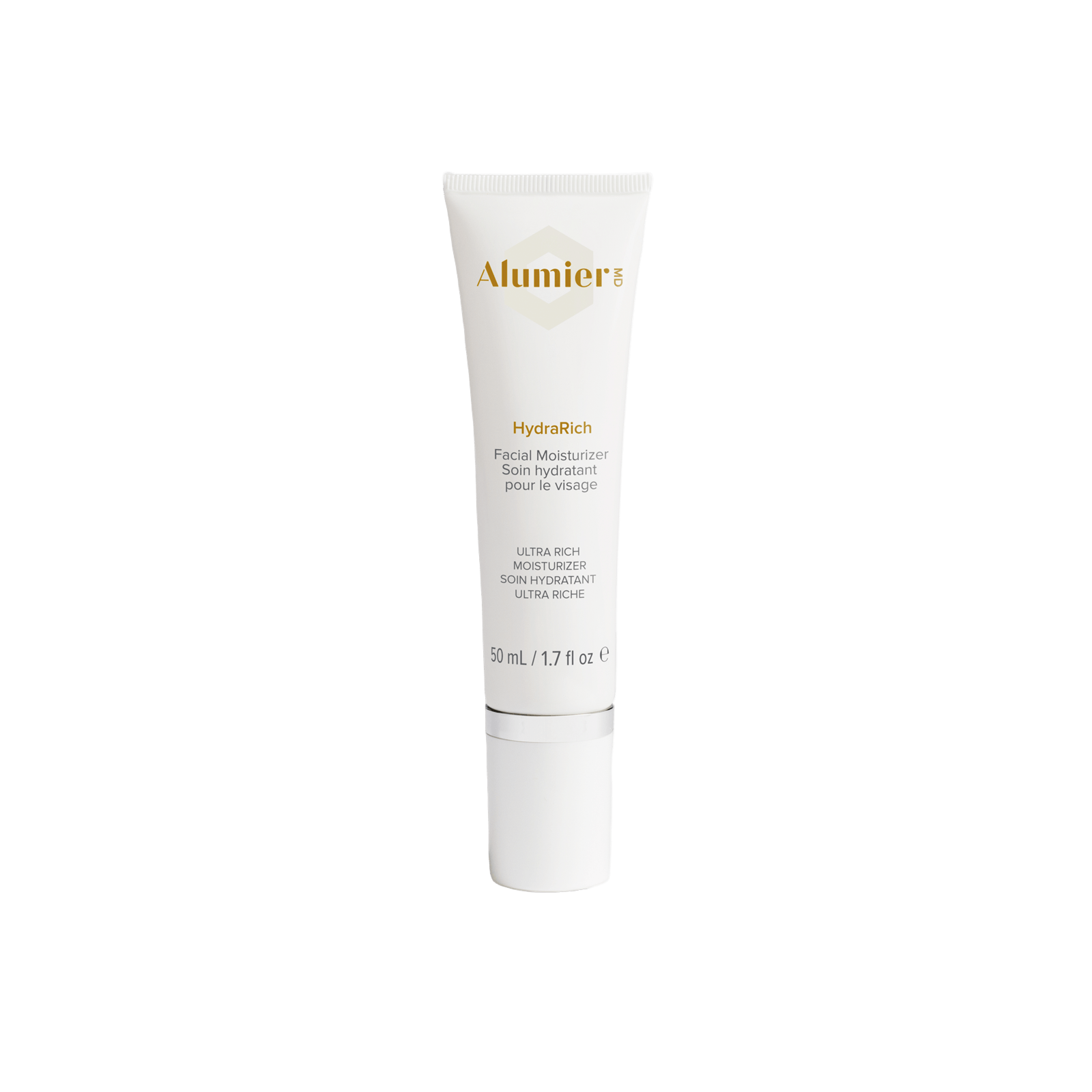 Alumier HydraRich jar with thick cream texture labeled ultra-rich moisturizer for dry sensitive skin
