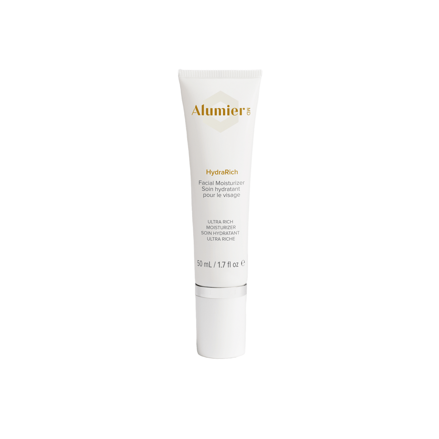 Alumier HydraRich jar with thick cream texture labeled ultra-rich moisturizer for dry sensitive skin