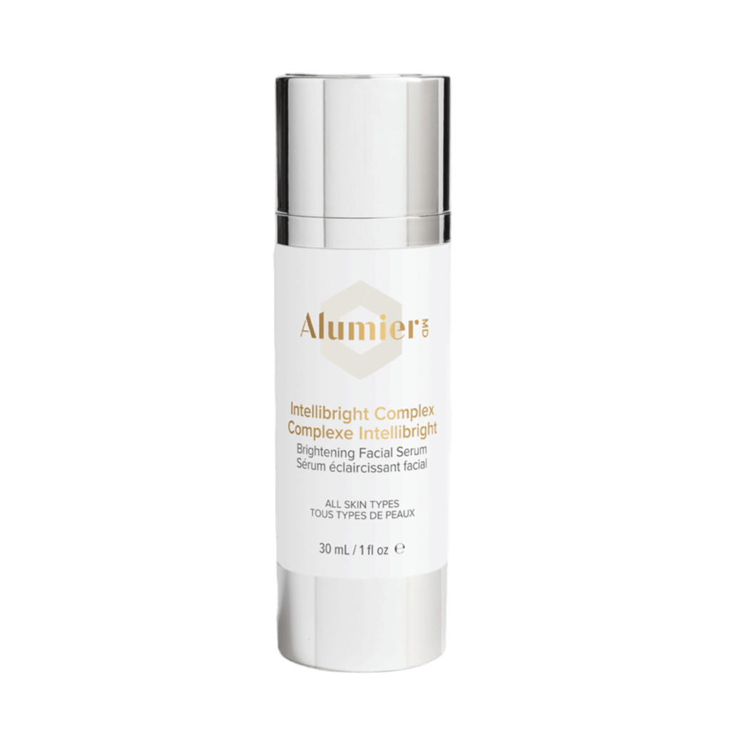 Alumier Intellibright Complex dropper bottle labeled brightening serum for discoloration and even skin tone