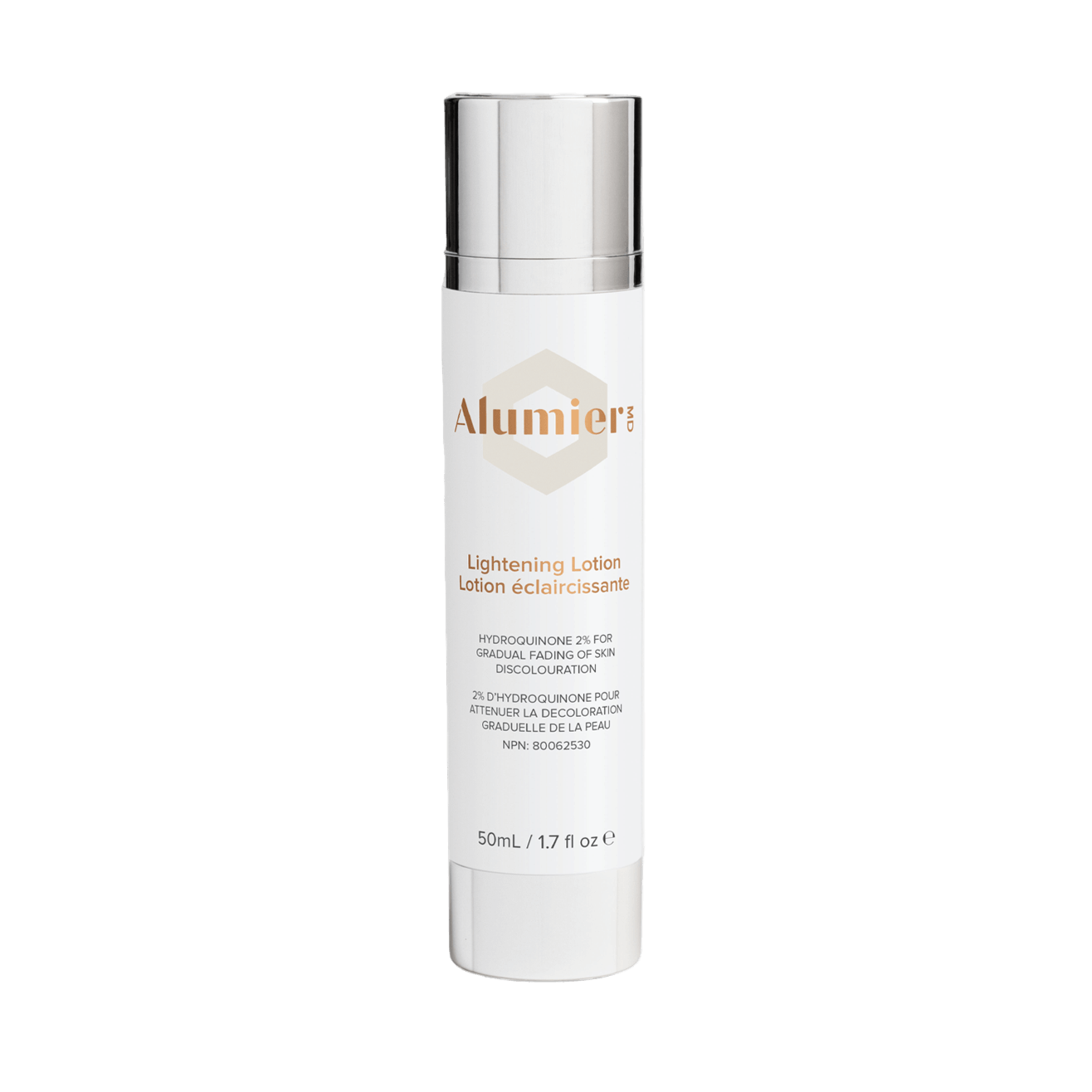 Alumier Lightening Lotion white bottle and label lightweight brightening lotion for pigmentation suitable for normal to combination skin