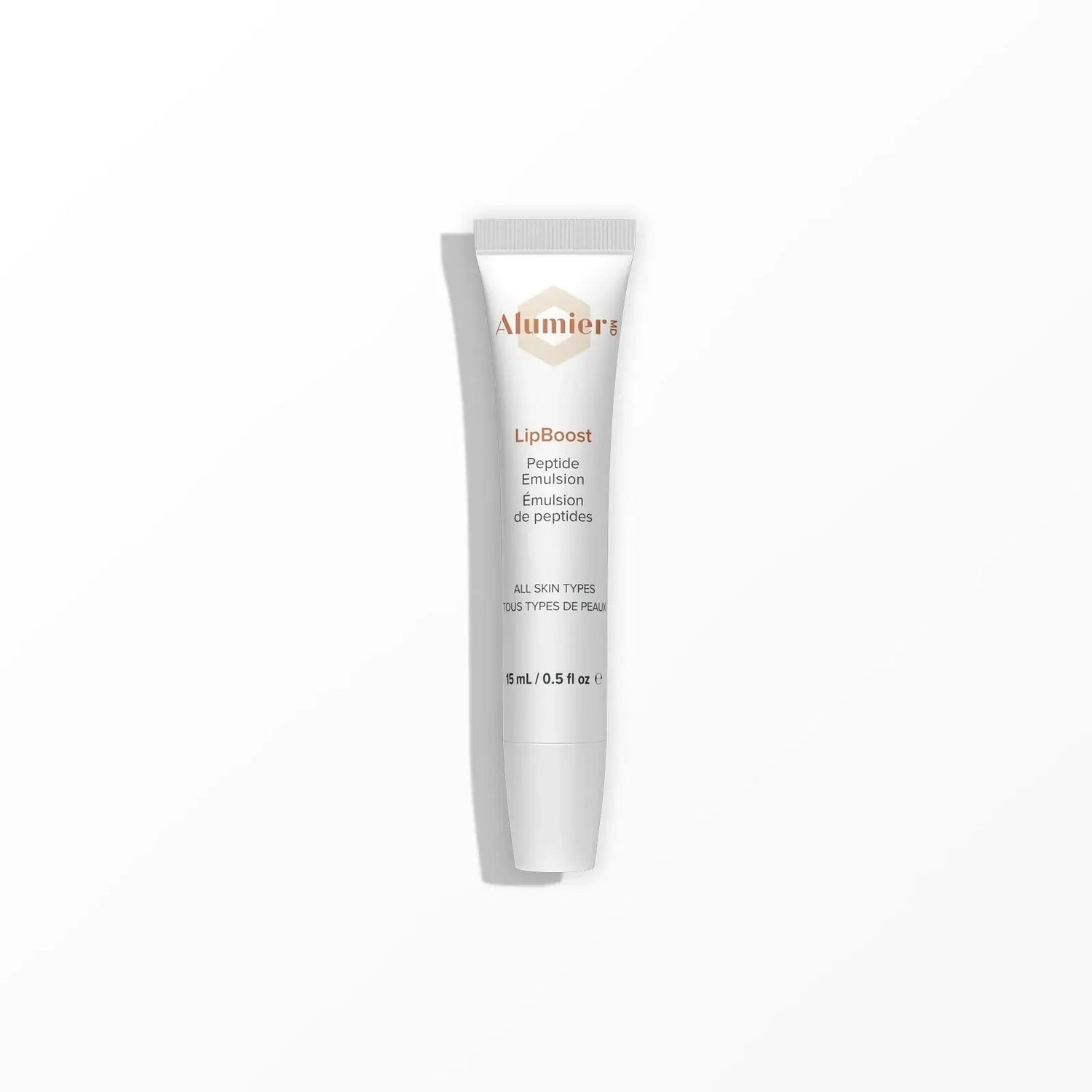 Alumier LipBoost peptide lip emulsion tube with applicator and clinical label