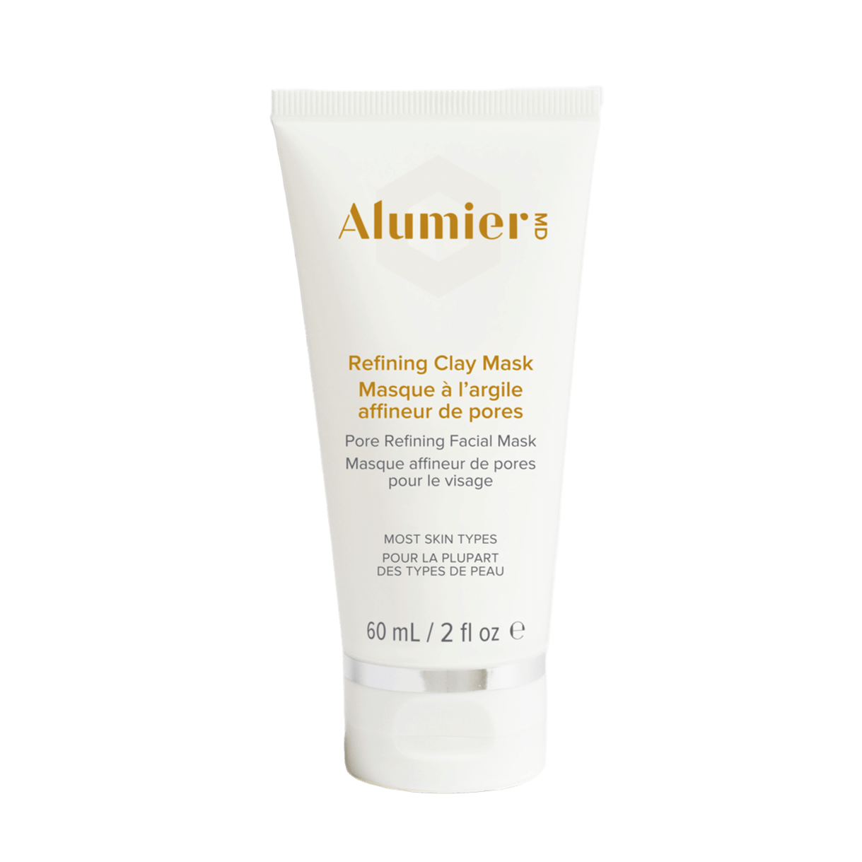 Alumier Refining Clay Mask jar with white label indicating clay formula for oily and combination skin