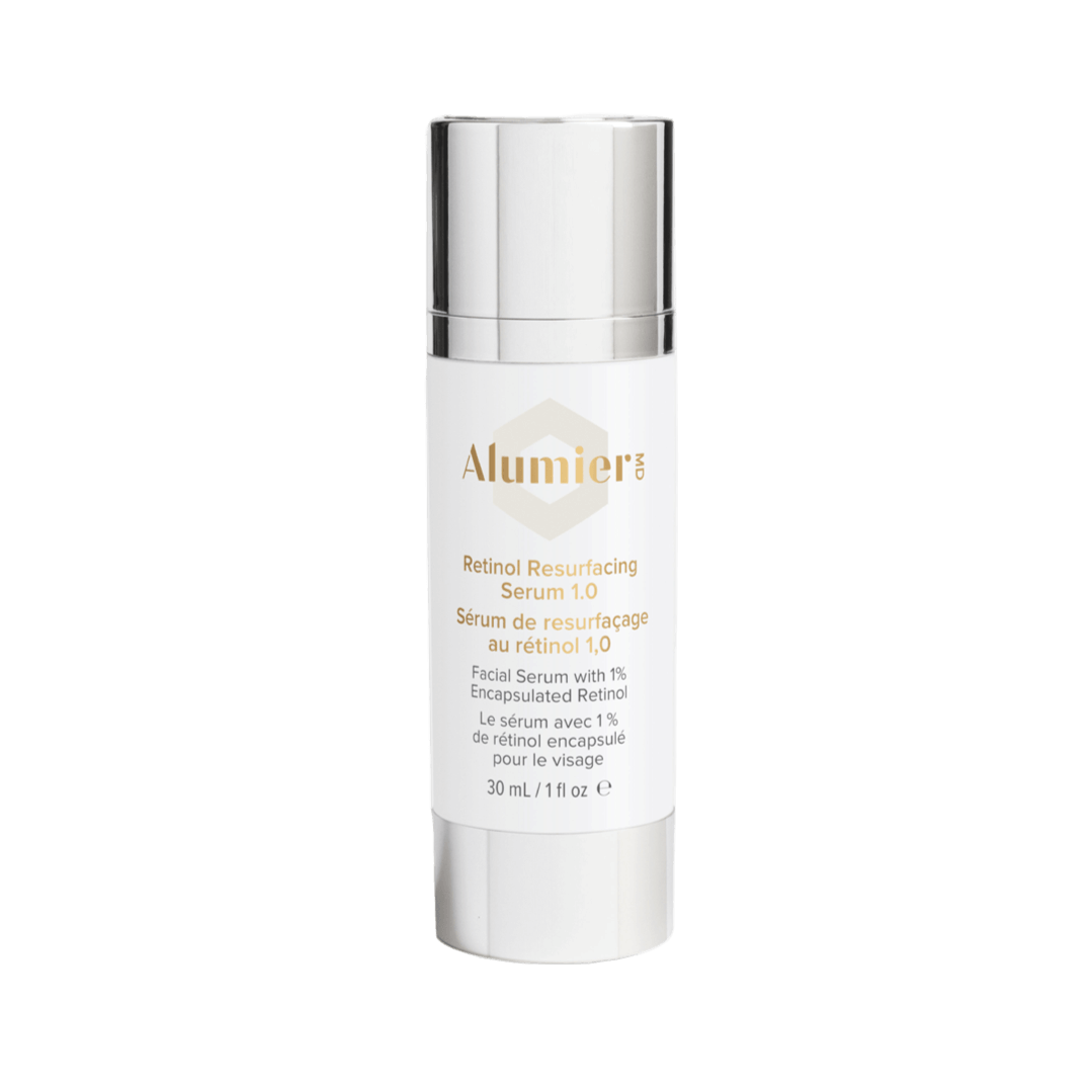 Alumier Retinol Resurfacing Serum 1.0 bottle with dropper labeled for texture and tone improvement