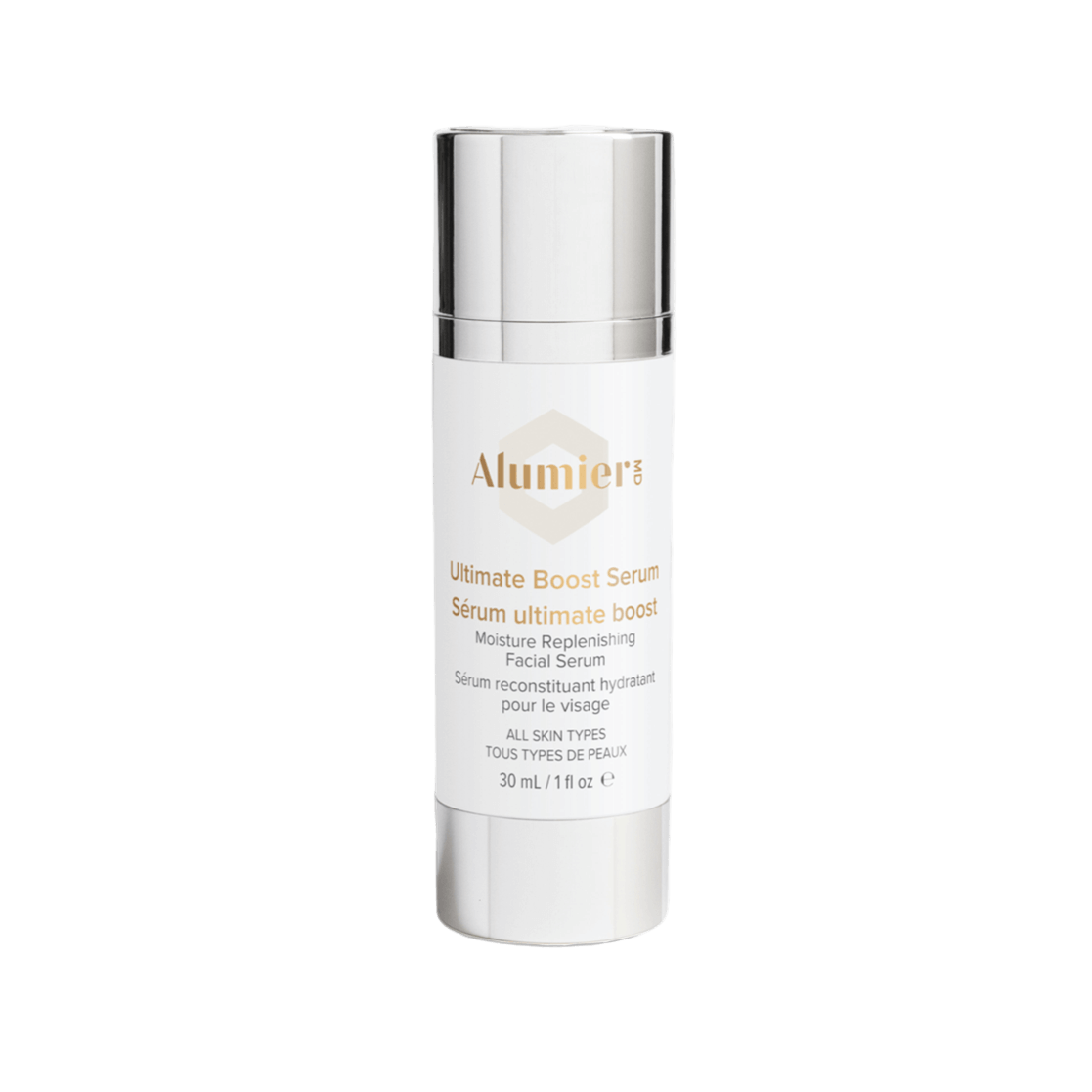 Alumier Ultimate Boost Serum glass bottle with dropper labeled peptide hyaluronic acid lightweight gel