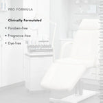 Image of a clinical treatment room highlighting features like paraben-free, fragrance-free, and dye-free with a treatment chair.