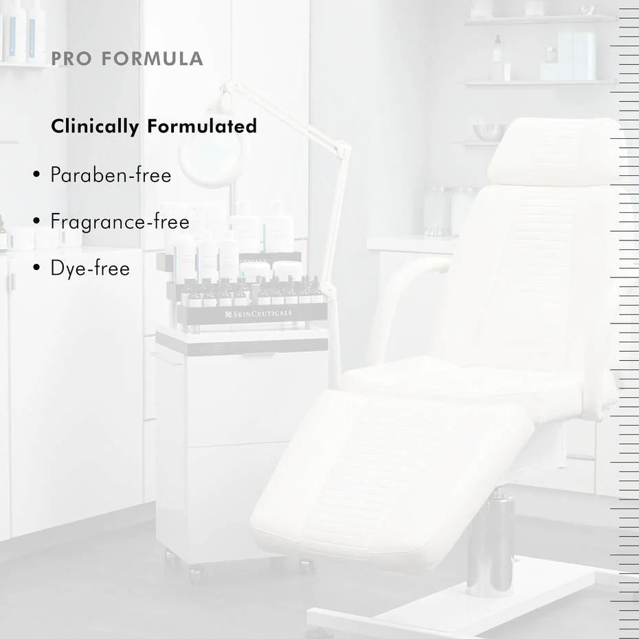 Image of a clinical treatment room highlighting features like paraben-free, fragrance-free, and dye-free with a treatment chair.