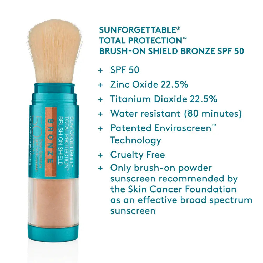 Colorescience Sunforgettable Total Protection Brush-On Shield Bronze SPF 50 with mineral sunscreen and brush applicator.