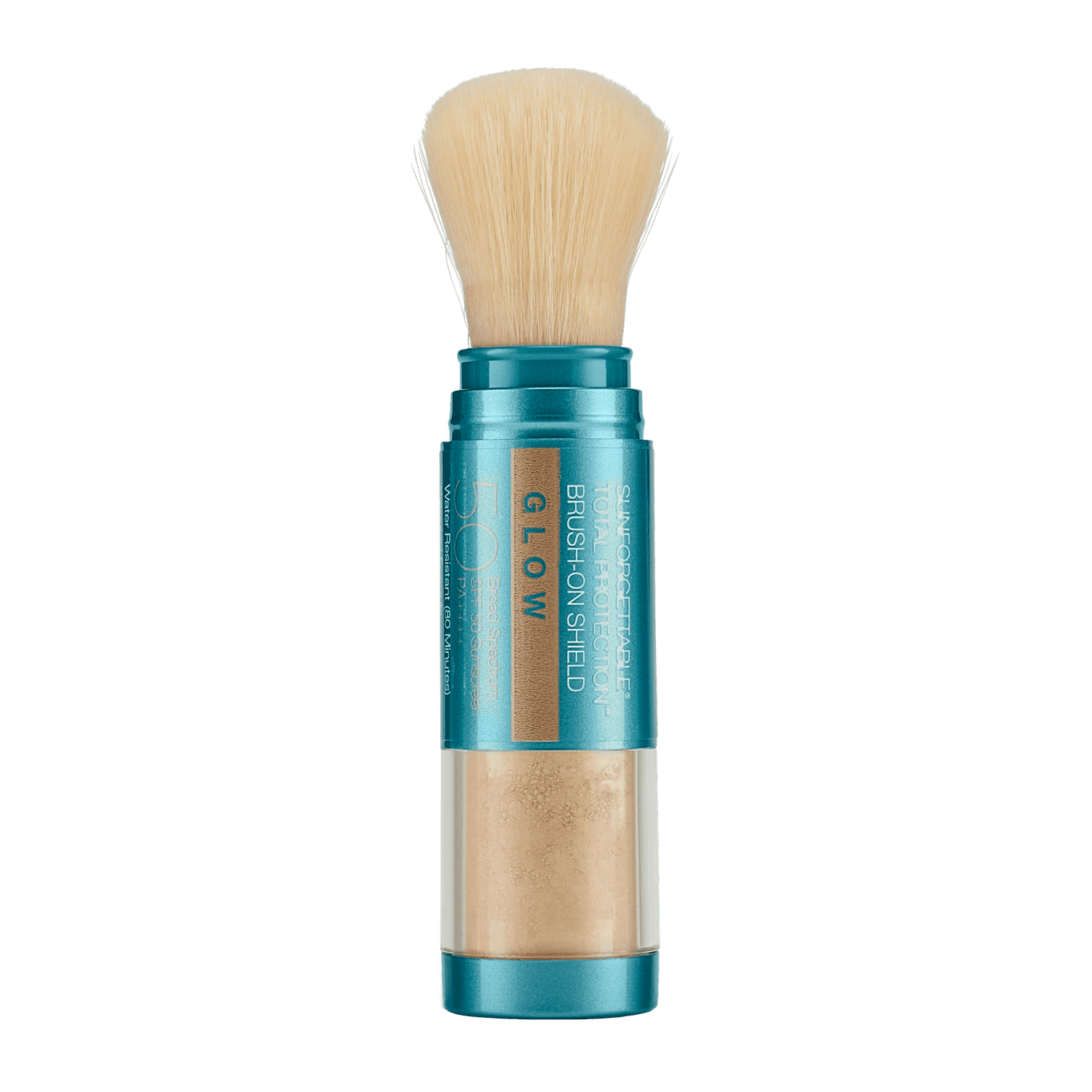 Colorescience Sunforgettable Total Protection Brush-On Shield Glow SPF 50 mineral sunscreen with a brush applicator.