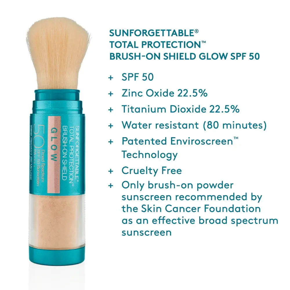 Colorescience Sunforgettable Total Protection Brush-On Shield Glow SPF 50 with details on mineral sunscreen ingredients and features.