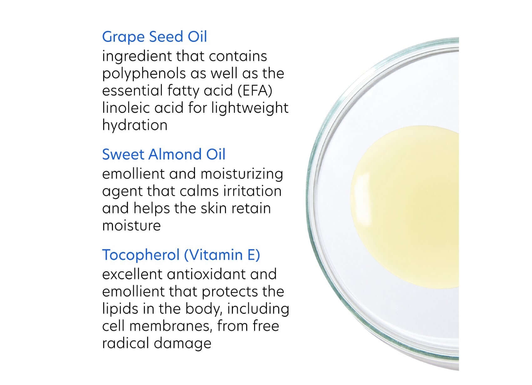 PCA Skin Daily Cleansing Oil ingredients including Grape Seed Oil, Sweet Almond Oil, and Tocopherol for hydration and nourishment.