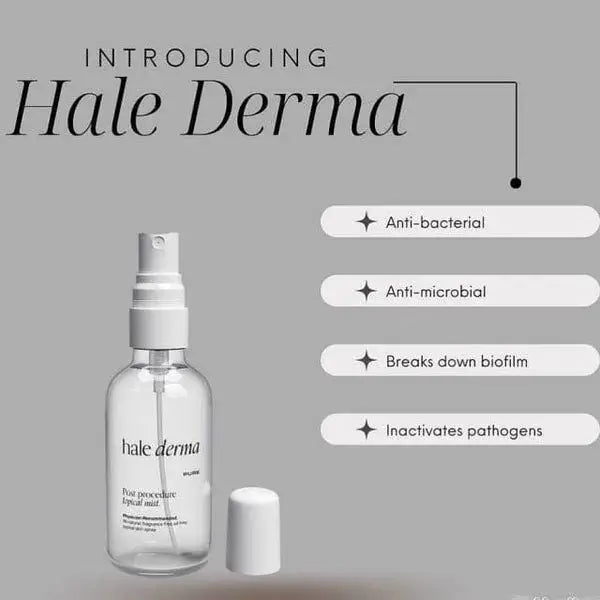 Hale Derma Spray bottle with benefits: anti-bacterial, anti-microbial, breaks down biofilm, and inactivates pathogens.