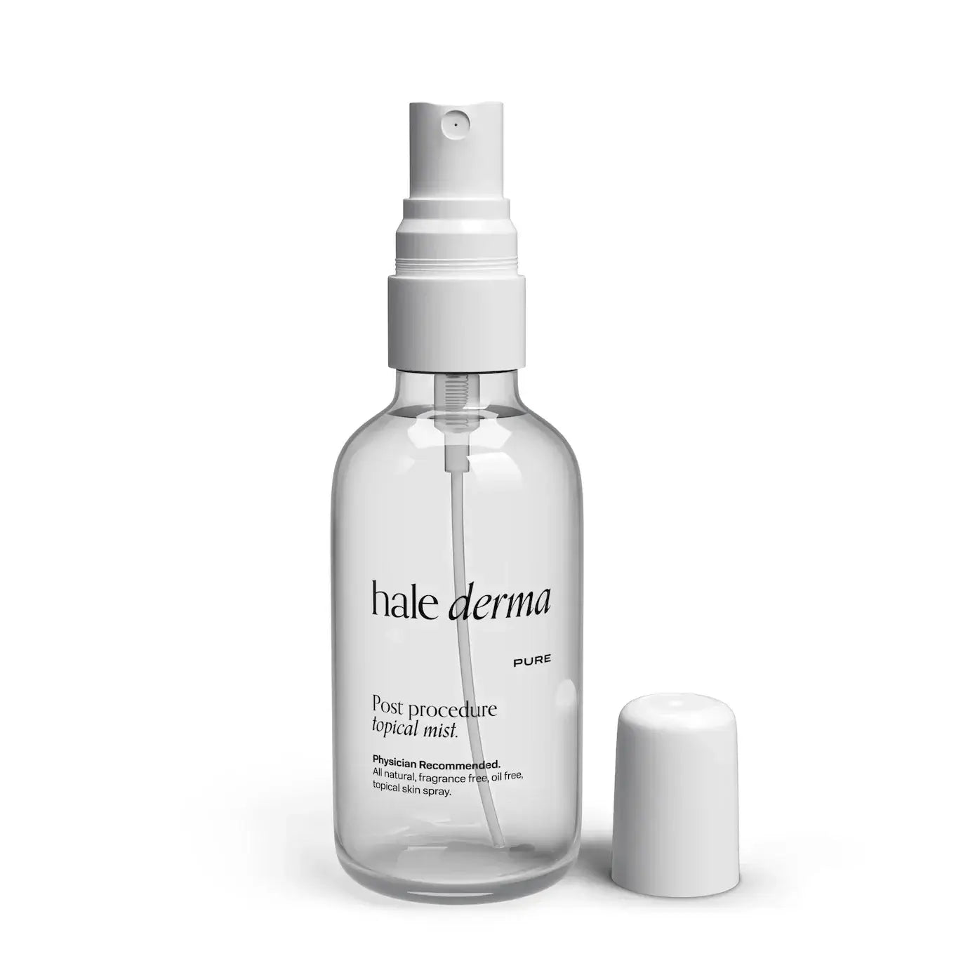 Hale Derma Spray Medical Grade Hypochlorous Acid in a clear spray bottle for skin healing.