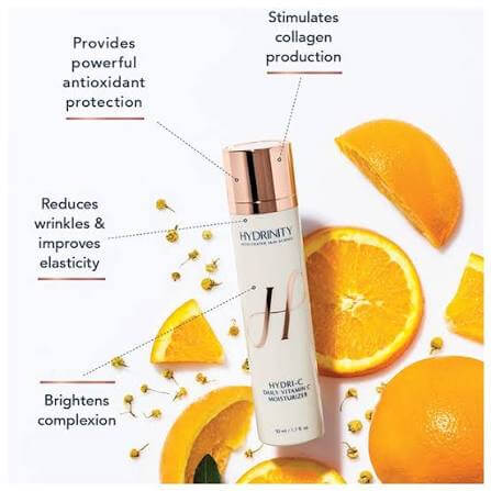 Hydri-C Vitamin C Moisturizer in a bottle surrounded by oranges and text highlighting its benefits.